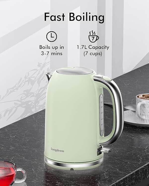 Electric Tea Kettle for Boiling Water, Wide Open Lid Stainless Steel Water Boiler, 1500W/1.7L for Coffee/Tea Brewing, Auto Shut Off & Boil Dry Protection, Cordless Swivel Base & LED Indicator, Green - Image 2