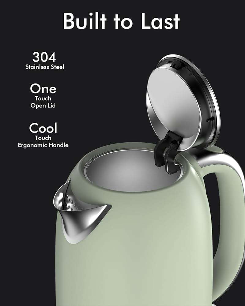 Electric Tea Kettle for Boiling Water, Wide Open Lid Stainless Steel Water Boiler, 1500W/1.7L for Coffee/Tea Brewing, Auto Shut Off & Boil Dry Protection, Cordless Swivel Base & LED Indicator, Green - Image 3