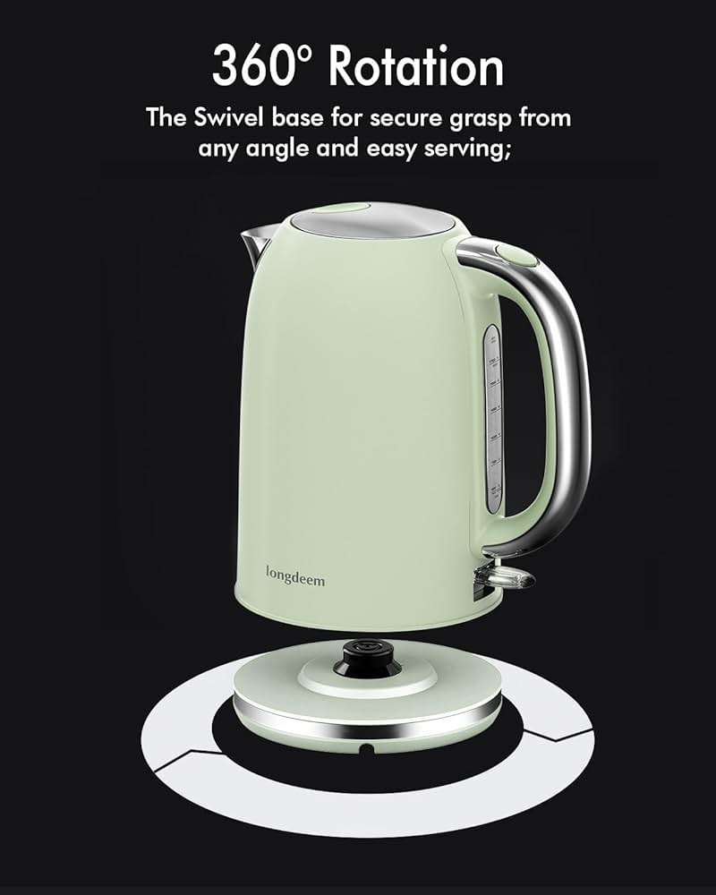 Electric Tea Kettle for Boiling Water, Wide Open Lid Stainless Steel Water Boiler, 1500W/1.7L for Coffee/Tea Brewing, Auto Shut Off & Boil Dry Protection, Cordless Swivel Base & LED Indicator, Green - Image 7