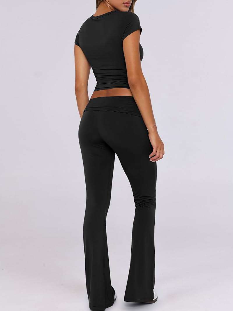 ANRABESS 2 Piece Lounge sets for Women | Soft Comfy Stretchy, Crop Top & Foldover Flare Leggings, Yoga Workout Matching Outfits, Trendy Y2k, Summer Wear Fall Layer - Image 5
