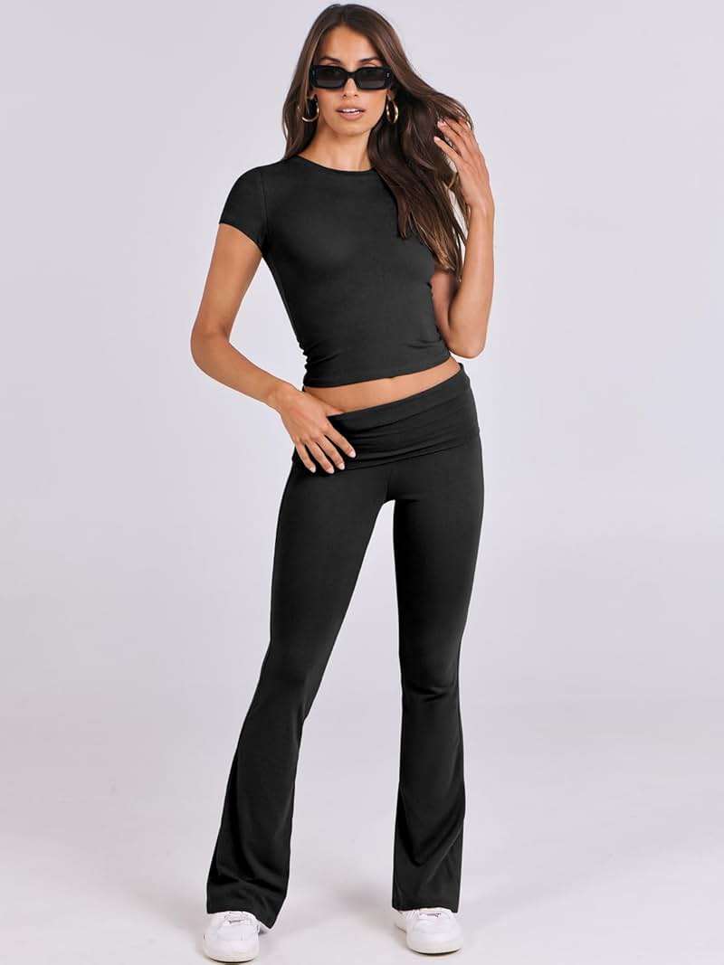 ANRABESS 2 Piece Lounge sets for Women | Soft Comfy Stretchy, Crop Top & Foldover Flare Leggings, Yoga Workout Matching Outfits, Trendy Y2k, Summer Wear Fall Layer - Image 8
