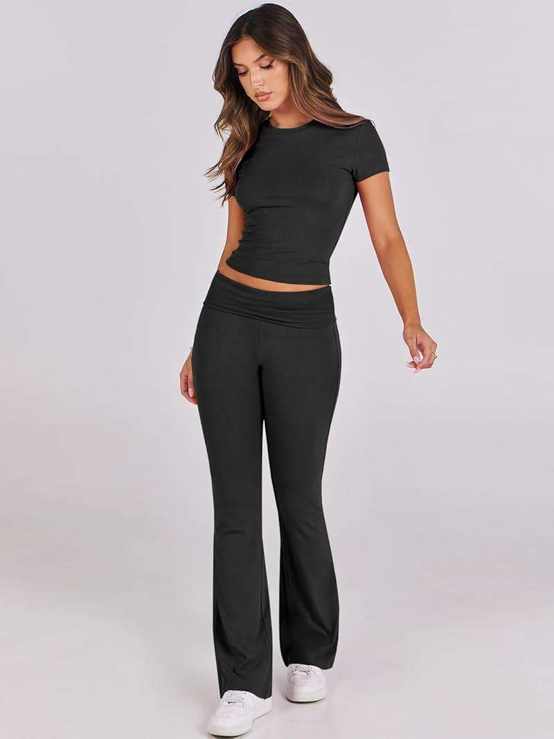 ANRABESS 2 Piece Lounge sets for Women | Soft Comfy Stretchy, Crop Top & Foldover Flare Leggings, Yoga Workout Matching Outfits, Trendy Y2k, Summer Wear Fall Layer - Image 9