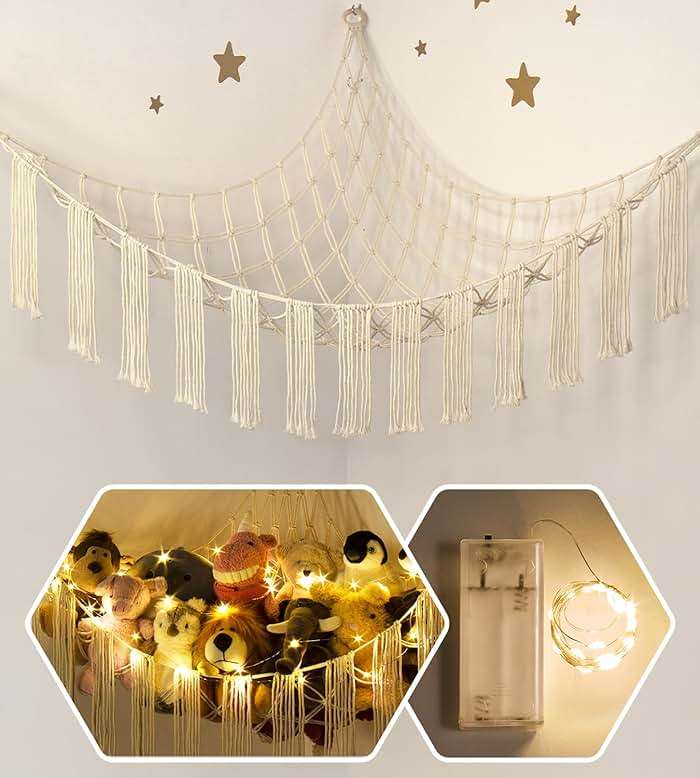 Stuffed Animal Hammock Corner with LED Light - Toy Storage Hammock Plushie Net Large - Cute Stuff Animals Holder Hanging Organizer - Baby Room Decor Kids Toddler Nursery Bedroom Boho - Image 1