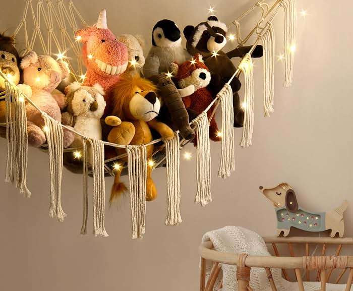 Stuffed Animal Hammock Corner with LED Light - Toy Storage Hammock Plushie Net Large - Cute Stuff Animals Holder Hanging Organizer - Baby Room Decor Kids Toddler Nursery Bedroom Boho - Image 3