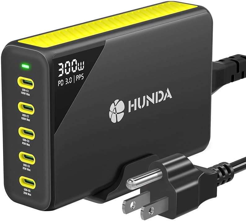 HUNDA 300W USB C Charger GaN Charging Station Desktop 5 Ports PD 100W Fast Power Adapter Support PD3.0 /PPS 45W /QC5 for MacBook Pro/Air, iPhone 15 Pro,Samsung,HP,Dell etc - Image 1