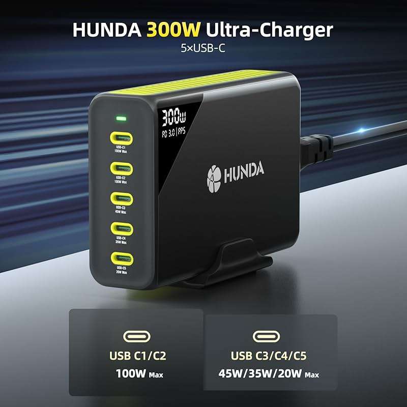 HUNDA 300W USB C Charger GaN Charging Station Desktop 5 Ports PD 100W Fast Power Adapter Support PD3.0 /PPS 45W /QC5 for MacBook Pro/Air, iPhone 15 Pro,Samsung,HP,Dell etc - Image 3
