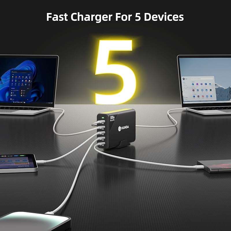 HUNDA 300W USB C Charger GaN Charging Station Desktop 5 Ports PD 100W Fast Power Adapter Support PD3.0 /PPS 45W /QC5 for MacBook Pro/Air, iPhone 15 Pro,Samsung,HP,Dell etc - Image 6
