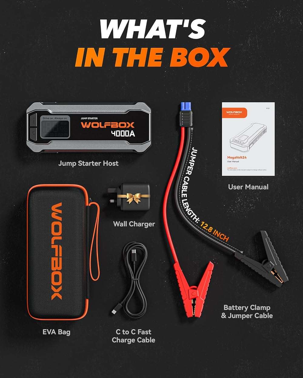WOLFBOX 4000A Jump Starter,12V Car Battery Jumper Starter Portable with 65W Quick Charger,LED Display,88.8Wh Booster Jump Box Pack (10L Gas 10L Diesel Engine) with LED Light,Jumper Cables, Silver - Image 6