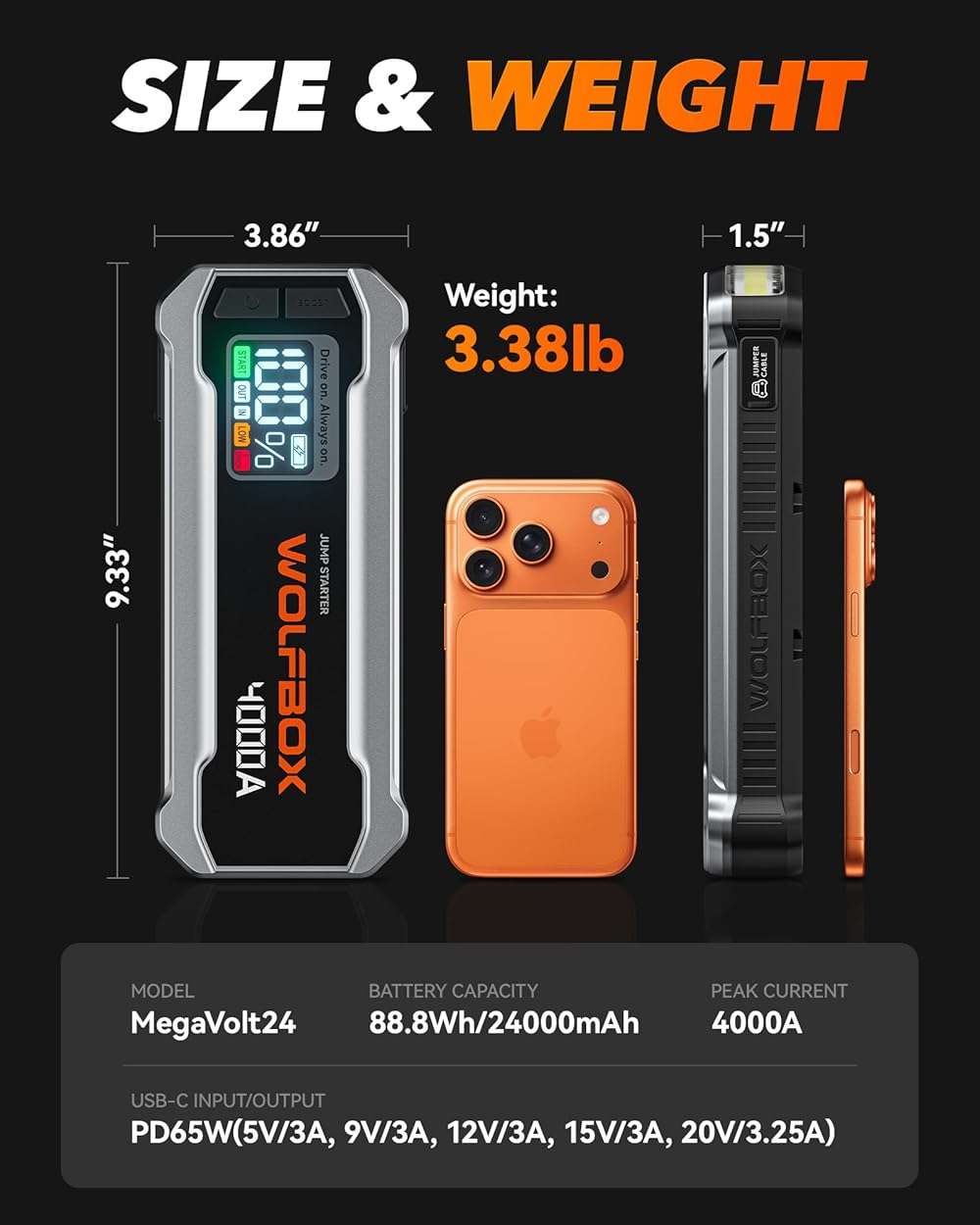 WOLFBOX 4000A Jump Starter,12V Car Battery Jumper Starter Portable with 65W Quick Charger,LED Display,88.8Wh Booster Jump Box Pack (10L Gas 10L Diesel Engine) with LED Light,Jumper Cables, Silver - Image 9