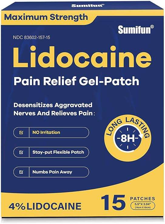 Sumifun 4% Lidocaine Pain Relief Patches 15 Counts Maximum Strength Numbing Gel Patch for Back Knee Neck Joint Ache Muscle Soreness Topical Analgesic - Image 1