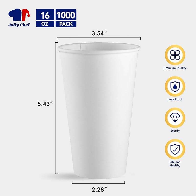 JOLLY CHEF 1000 Pack Disposable Paper Coffee Cups 16 oz Hot Beverage Paper Cups Water, Ideal for Party, Office, Home, Travel and More (White) - Image 3