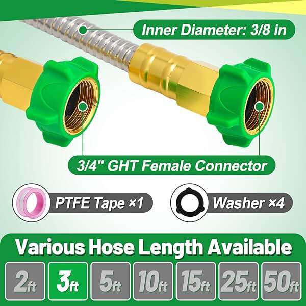 3ft Short Garden Hose with Female to Female Connector - Metal Leakproof Leader Hose for Hose Reel, Heavy Duty 304 Stainless Steel Flexible Hose for Outdoor Garden Watering Car Pet Cleaning - Image 5