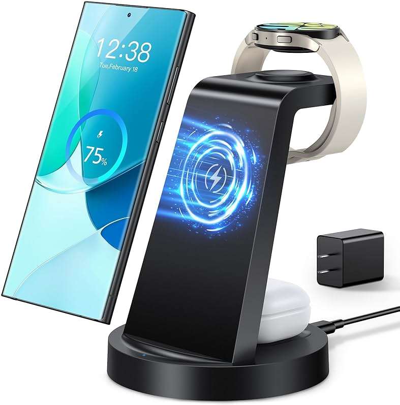 Wireless Charger for Samsung: 3 in 1 Wireless Charging Station for Samsung Galaxy Watch 8 7 6 5 4 3 Pro Classic Galaxy Buds - Charger Dock Stand for S26 S25 S24 Ultra S23 S22 S21 Note Z Fold Android - Image 1