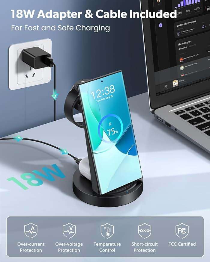 Wireless Charger for Samsung: 3 in 1 Wireless Charging Station for Samsung Galaxy Watch 8 7 6 5 4 3 Pro Classic Galaxy Buds - Charger Dock Stand for S26 S25 S24 Ultra S23 S22 S21 Note Z Fold Android - Image 4