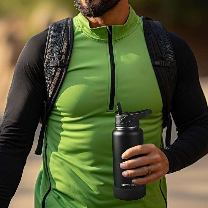 RUBYFLASK 32oz Insulated Water Bottle with Straw, Stainless Steel Metal Vacuum Water Flask, Large Thermal Water bottle with Leakproof 3 Lids for Travel, Camping, Gym Sports Indigo Black - Image 2