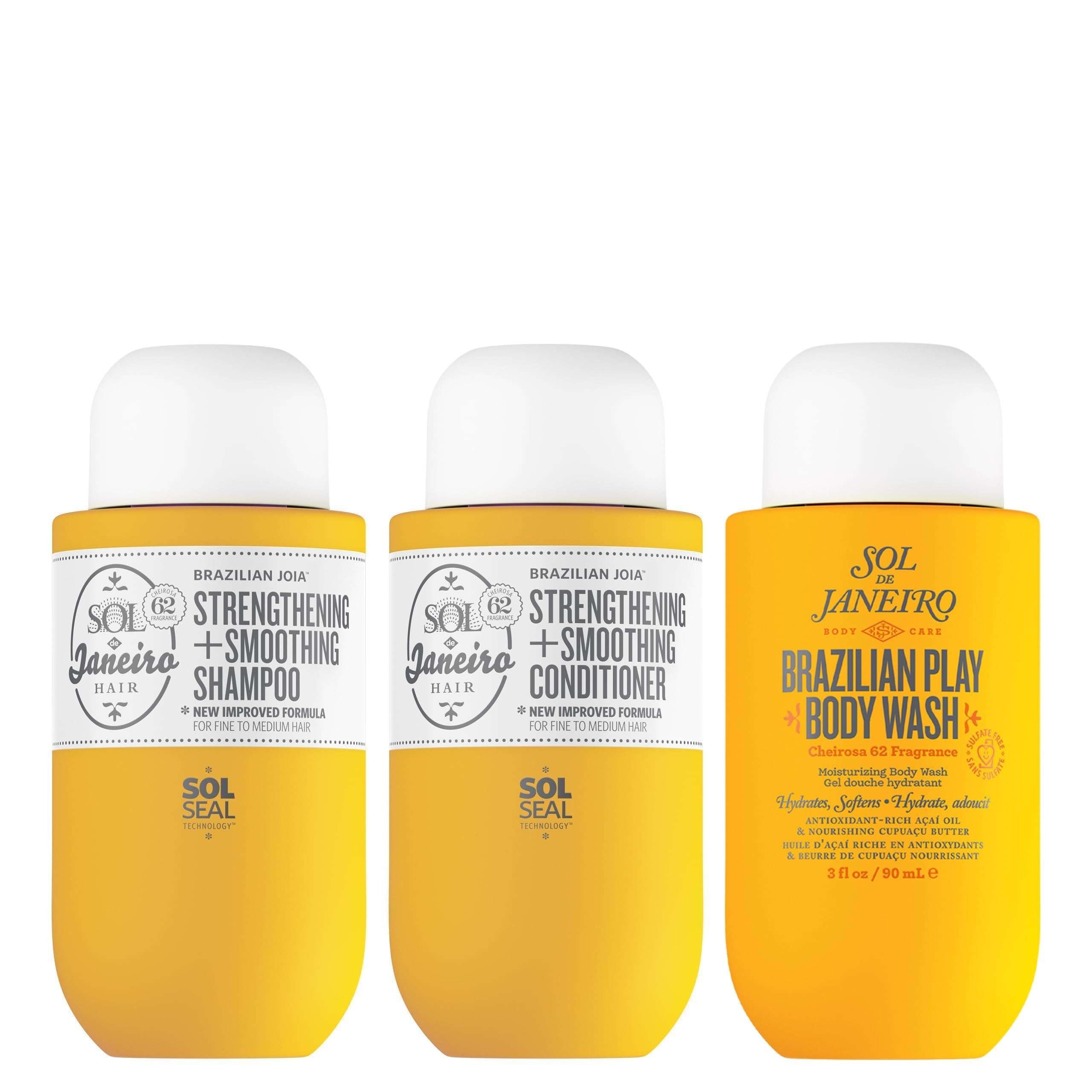 Sol de Janeiro Ultimate Shower Bundle | Travel Size Mini Brazilian Play Moisturizing Shower Cream Gel Body Wash + Brazilian Joia Damage Repairing Shampoo and Conditioner Set | Amazon Exclusive - Image 1