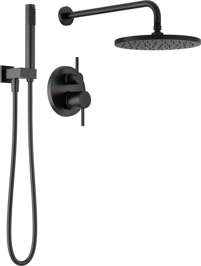 Delta Modern 14 Series Round Rain Shower System Faucet Set, Rainfall Matte Black Shower Head and Handle Set, Valve Trim Kit, 10 Inch, Matte Black 342702-BL - Image 1