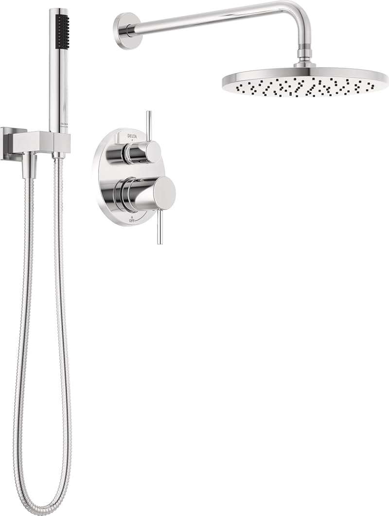Delta Modern 14 Series Round Rain Shower System Faucet Set, Rainfall Chrome Shower Head and Handle Set, Valve Trim Kit, 10 Inch, Chrome 342702 - Image 1