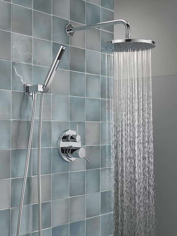 Delta Modern 14 Series Round Rain Shower System Faucet Set, Rainfall Chrome Shower Head and Handle Set, Valve Trim Kit, 10 Inch, Chrome 342702 - Image 2