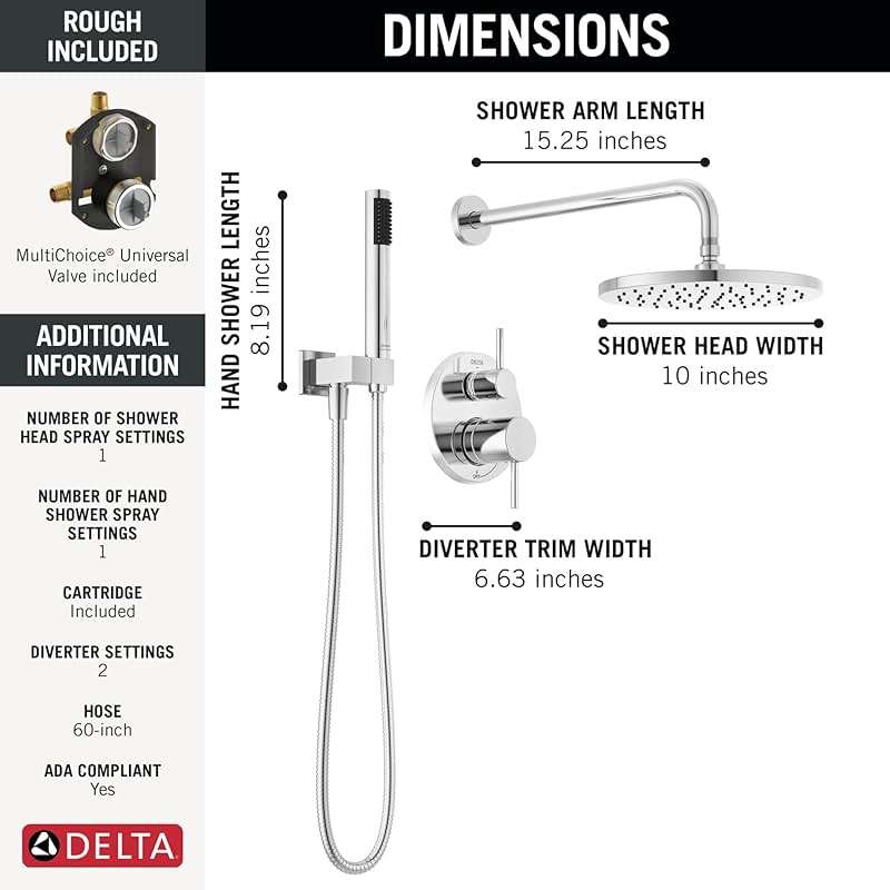 Delta Modern 14 Series Round Rain Shower System Faucet Set, Rainfall Chrome Shower Head and Handle Set, Valve Trim Kit, 10 Inch, Chrome 342702 - Image 3