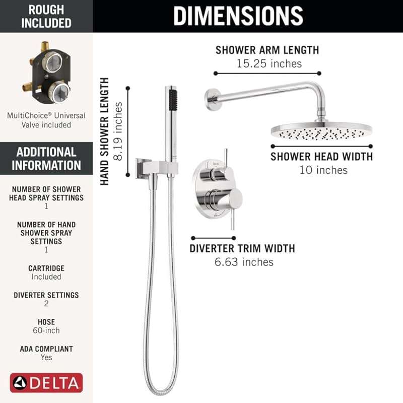 Delta Modern 14 Series Round Rain Shower System Faucet Set, Rainfall Chrome Shower Head and Handle Set, Valve Trim Kit, 10 Inch, Chrome 342702 - Image 4