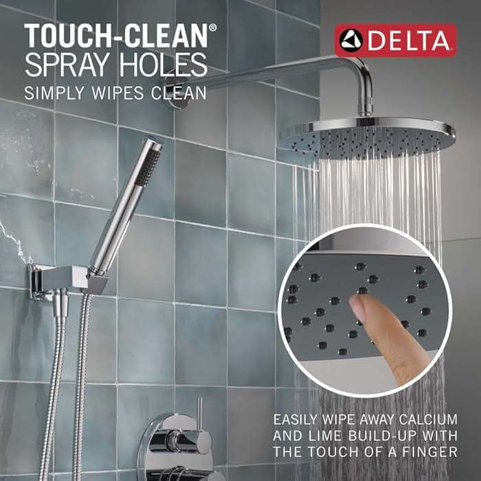 Delta Modern 14 Series Round Rain Shower System Faucet Set, Rainfall Chrome Shower Head and Handle Set, Valve Trim Kit, 10 Inch, Chrome 342702 - Image 6
