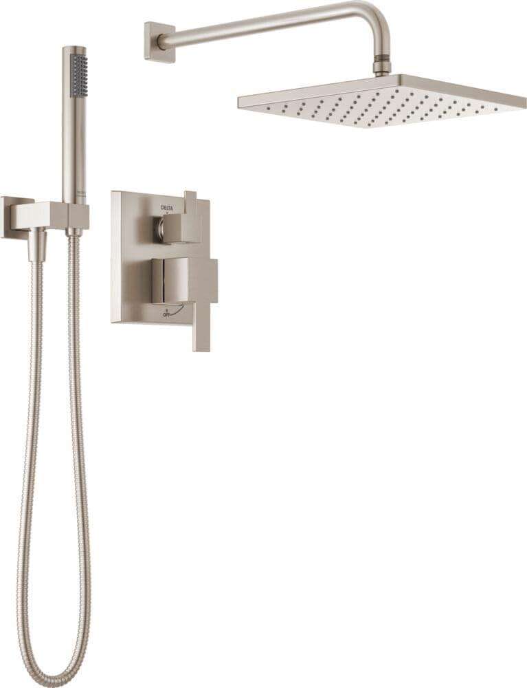 Delta Modern 14 Series Square Rain Shower System Faucet Set, Rainfall Brushed Nickel Shower Head and Handle Set, Valve Trim Kit, 10 Inch, Spotshield Stainless 342701-SP - Image 1