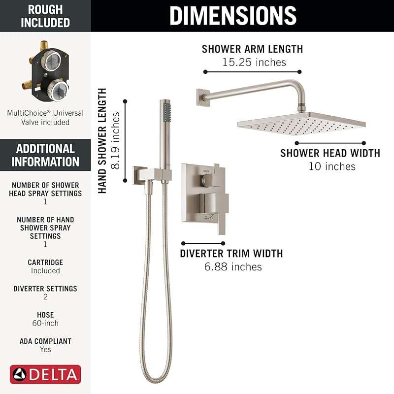 Delta Modern 14 Series Square Rain Shower System Faucet Set, Rainfall Brushed Nickel Shower Head and Handle Set, Valve Trim Kit, 10 Inch, Spotshield Stainless 342701-SP - Image 3