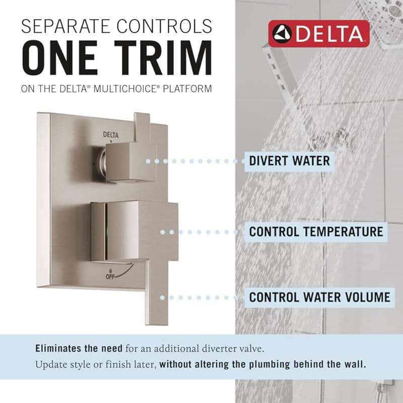 Delta Modern 14 Series Square Rain Shower System Faucet Set, Rainfall Brushed Nickel Shower Head and Handle Set, Valve Trim Kit, 10 Inch, Spotshield Stainless 342701-SP - Image 4
