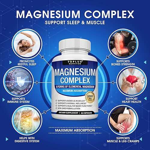 Magnesium Complex Supplement 8 Elemental 1000mg - Magnesium Glycinate, Citrate, Malate, Taurate, Chelated for Easy Absorption for Bones, Muscle, Recovery, Energy, Vegan Non-GMO 90 Capsules - Image 2