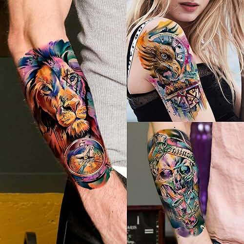 66 Sheets Watercolor Temporary Tattoos For Men Women Forearm Shoulder Legs Body Arm, 12 Sheets Long Lasting Lion Tiger Wolf Dragon Ealge Fake Tattoo Sleeve Adults, 54 Sheets Groovy Small Tatoos Kids - Image 3