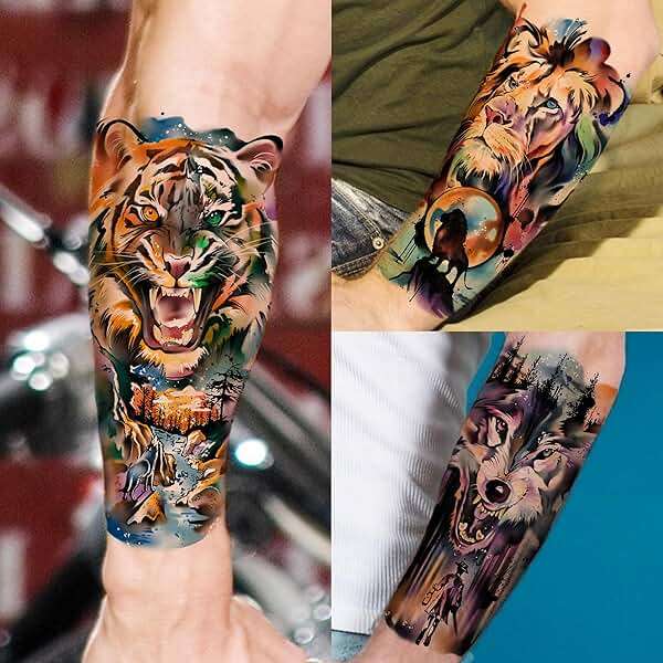 66 Sheets Watercolor Temporary Tattoos For Men Women Forearm Shoulder Legs Body Arm, 12 Sheets Long Lasting Lion Tiger Wolf Dragon Ealge Fake Tattoo Sleeve Adults, 54 Sheets Groovy Small Tatoos Kids - Image 7