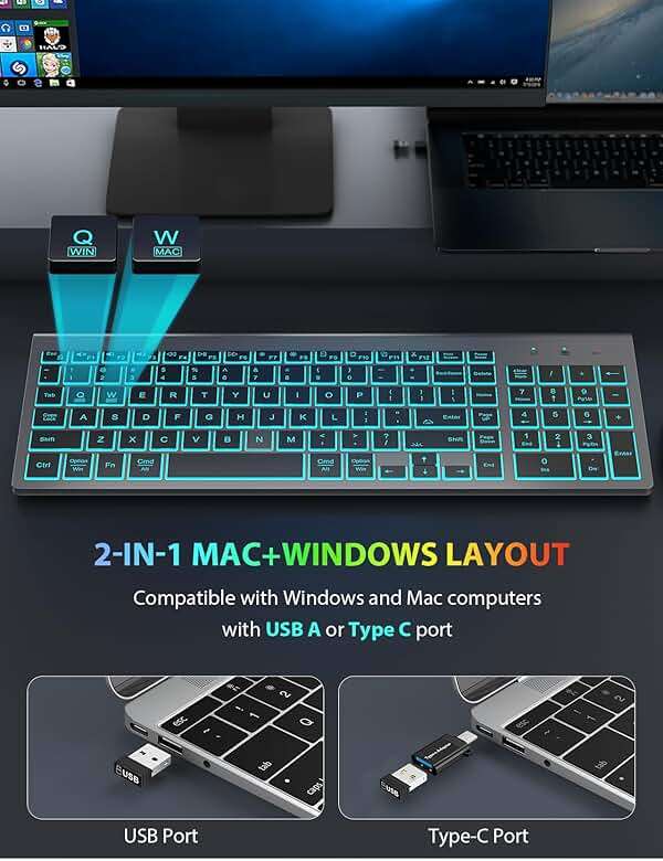 Wireless Keyboard and Mouse Combo Backlit - Compact Quiet Keyboard with RGB Mouse, Rechargeable, Slim, Sleep Mode, Portable Cordless Keyboard Mouse Set for Mac, Windows (Space Gray) - SABLUTE KM61PRO - Image 3