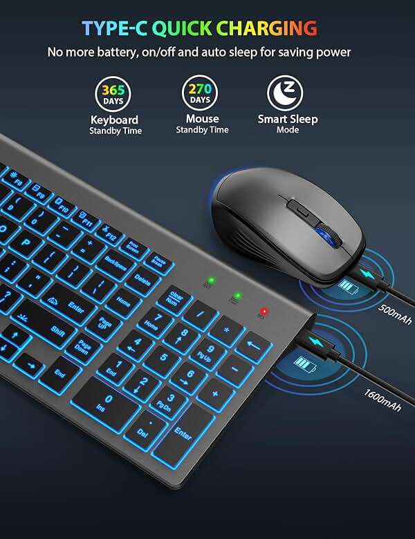 Wireless Keyboard and Mouse Combo Backlit - Compact Quiet Keyboard with RGB Mouse, Rechargeable, Slim, Sleep Mode, Portable Cordless Keyboard Mouse Set for Mac, Windows (Space Gray) - SABLUTE KM61PRO - Image 4