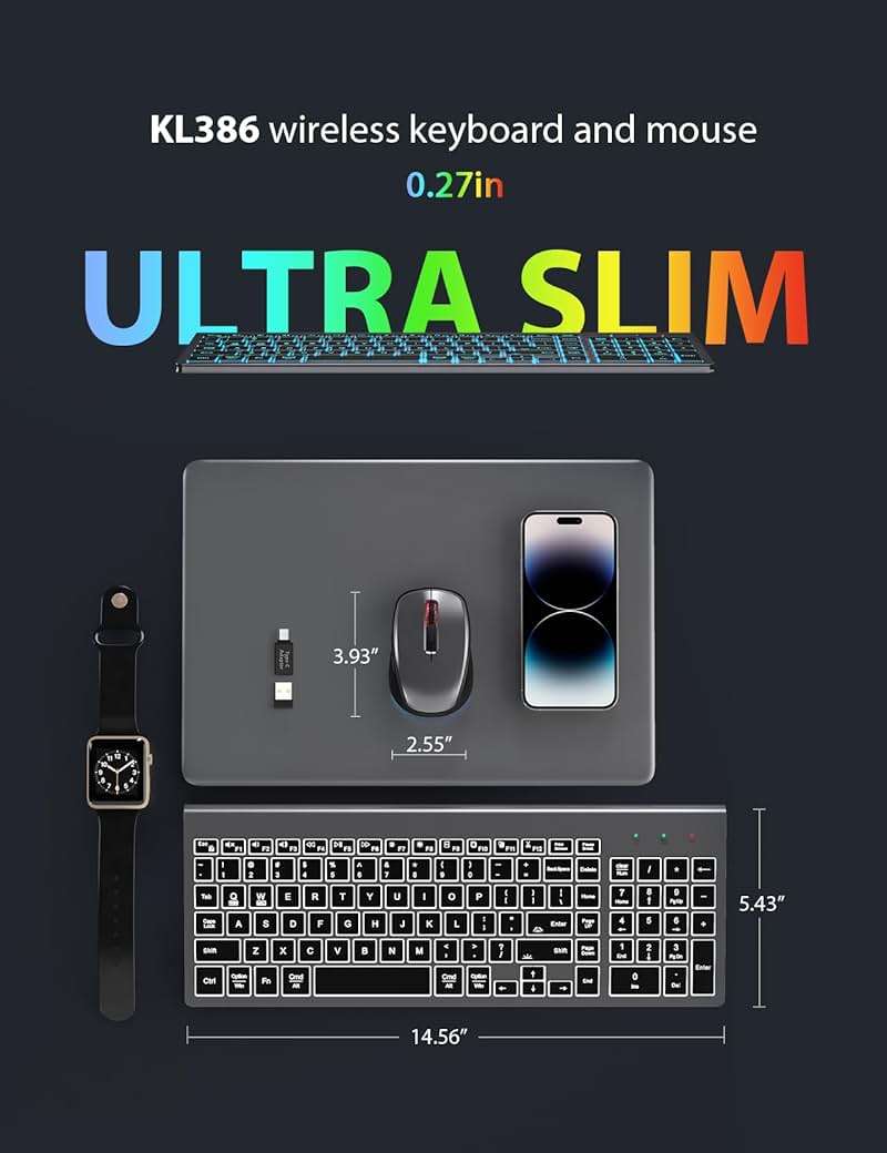 Wireless Keyboard and Mouse Combo Backlit - Compact Quiet Keyboard with RGB Mouse, Rechargeable, Slim, Sleep Mode, Portable Cordless Keyboard Mouse Set for Mac, Windows (Space Gray) - SABLUTE KM61PRO - Image 7