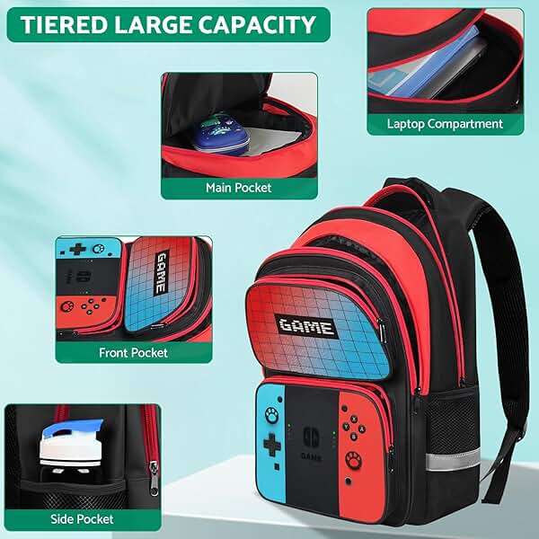 JIRAIKEI Kids Backpack For Boys，Gamer Boys Backpack For Children Teens Elementary Middle School, 17″ Students Bookbag - Image 4