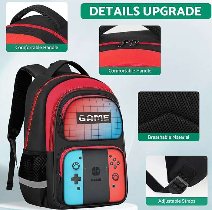 JIRAIKEI Kids Backpack For Boys，Gamer Boys Backpack For Children Teens Elementary Middle School, 17″ Students Bookbag - Image 7