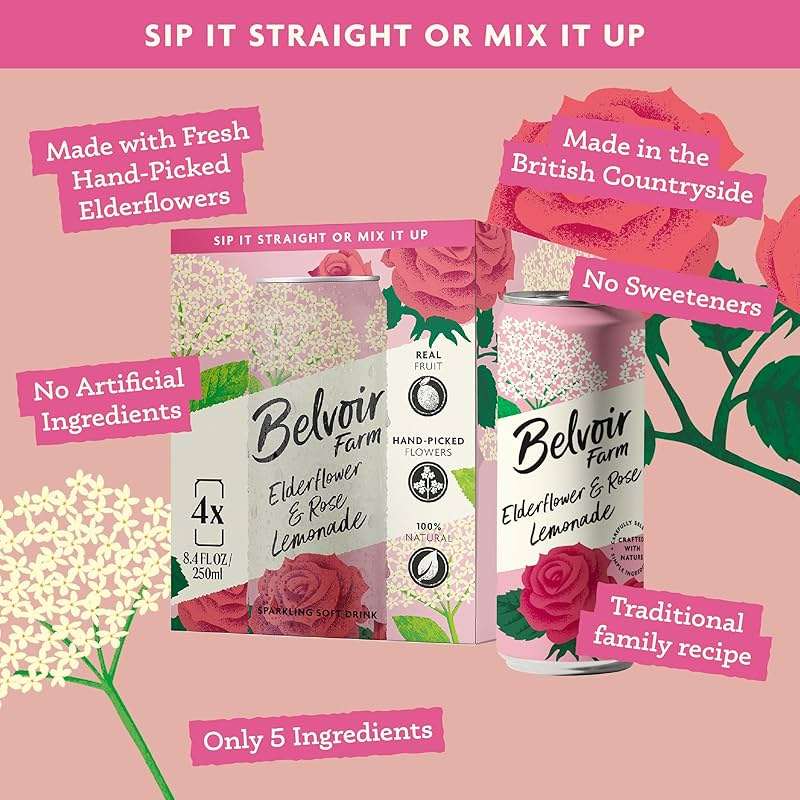Belvoir Farm Elderflower & Rose Sparkling Lemonade | Delicious On It's Own Or As A Mixer | Product of UK | 4 Cans, 8.4 fl oz (250mL) - Image 5