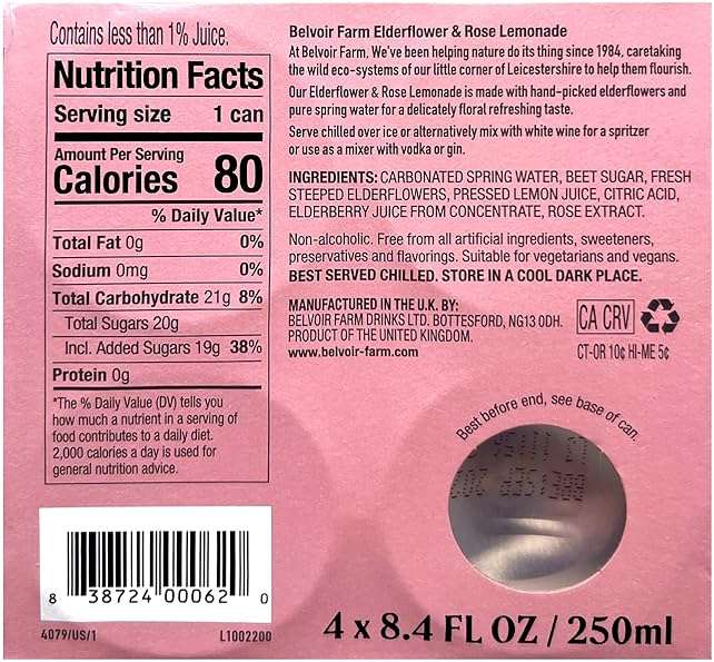 Belvoir Farm Elderflower & Rose Sparkling Lemonade | Delicious On It's Own Or As A Mixer | Product of UK | 4 Cans, 8.4 fl oz (250mL) - Image 7
