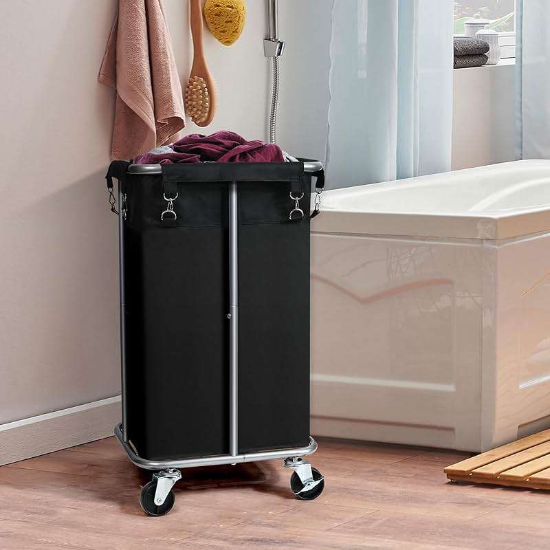 Laundry Basket with Wheels, Rolling Laundry Hamper with Removable Bag, 100L Laundry Sorter Cart, Tall Narrow Slim Clothes Hamper Organizer with Sturdy Metal Frame, Black+Silver - Image 2