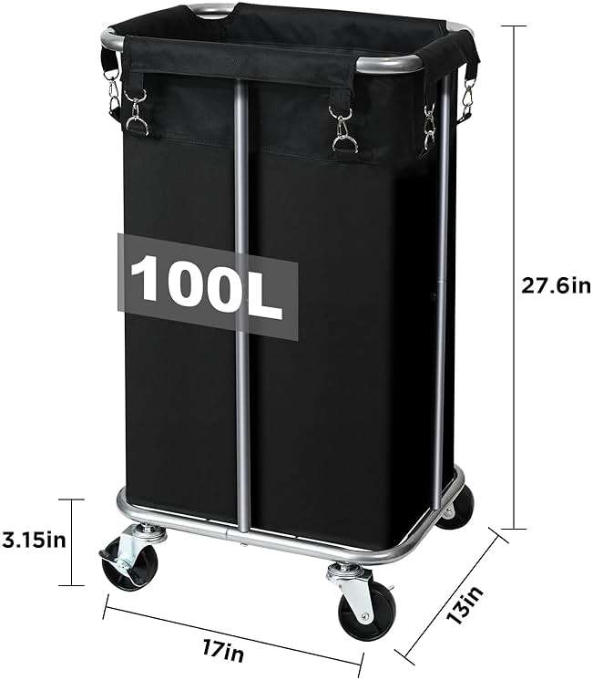 Laundry Basket with Wheels, Rolling Laundry Hamper with Removable Bag, 100L Laundry Sorter Cart, Tall Narrow Slim Clothes Hamper Organizer with Sturdy Metal Frame, Black+Silver - Image 3