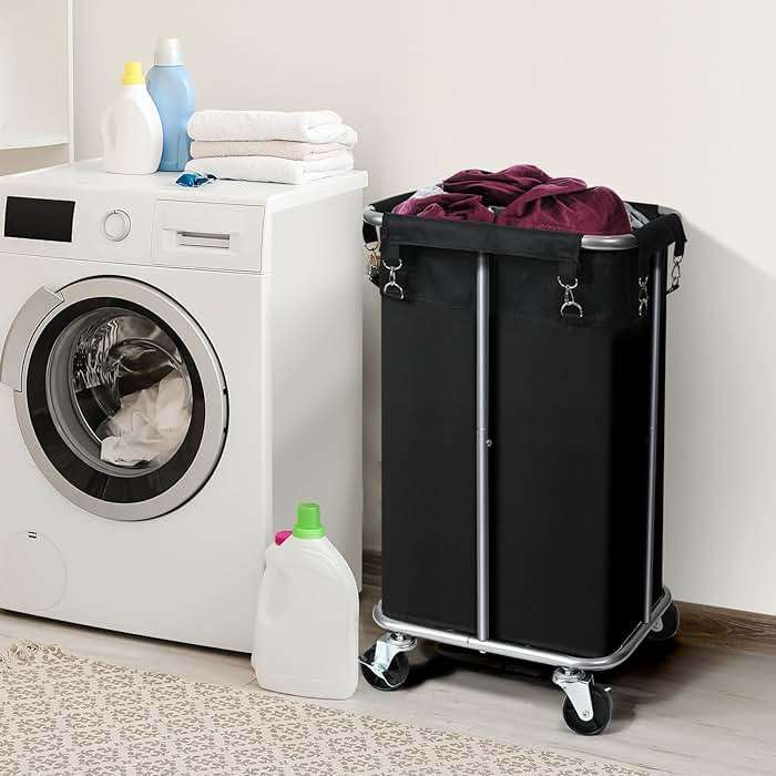 Laundry Basket with Wheels, Rolling Laundry Hamper with Removable Bag, 100L Laundry Sorter Cart, Tall Narrow Slim Clothes Hamper Organizer with Sturdy Metal Frame, Black+Silver - Image 4