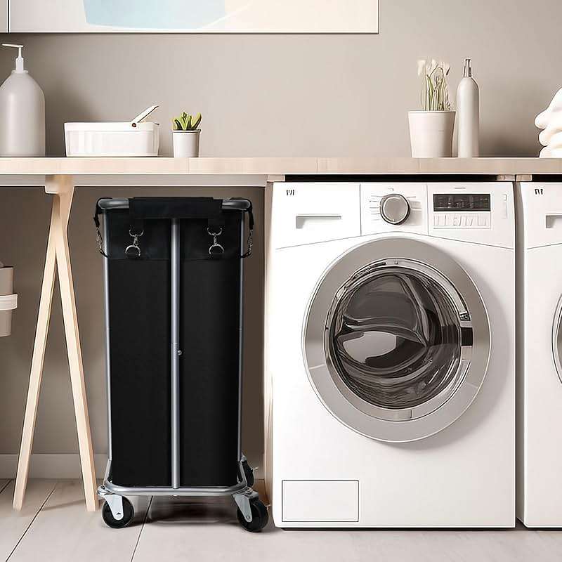 Laundry Basket with Wheels, Rolling Laundry Hamper with Removable Bag, 100L Laundry Sorter Cart, Tall Narrow Slim Clothes Hamper Organizer with Sturdy Metal Frame, Black+Silver - Image 5