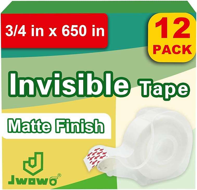 JWOWO 12 Invisible Tape with 12 Refillable Tape Dispenser, Holiday Supplies and Gift Wrap Tape, Great for Christmas Crafts, Matte Finish, 3/4 in x 650 in - Image 1