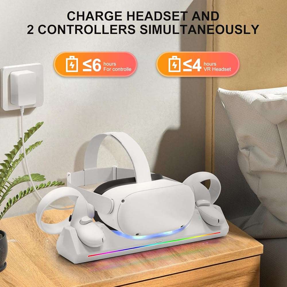 Hurra Charging Dock for Meta Quest 2, VR Charging Station for Oculus Quest 2 Support LED Indicator/Magnetic Charging Headset & Touch Controllers, with 2 Rechargeable Batteries, USB-C Charger & Cable - Image 2
