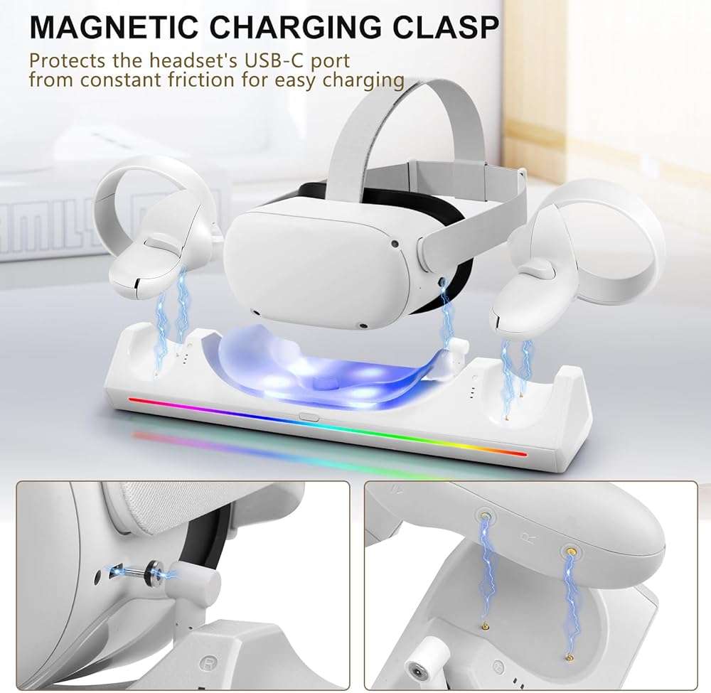 Hurra Charging Dock for Meta Quest 2, VR Charging Station for Oculus Quest 2 Support LED Indicator/Magnetic Charging Headset & Touch Controllers, with 2 Rechargeable Batteries, USB-C Charger & Cable - Image 3