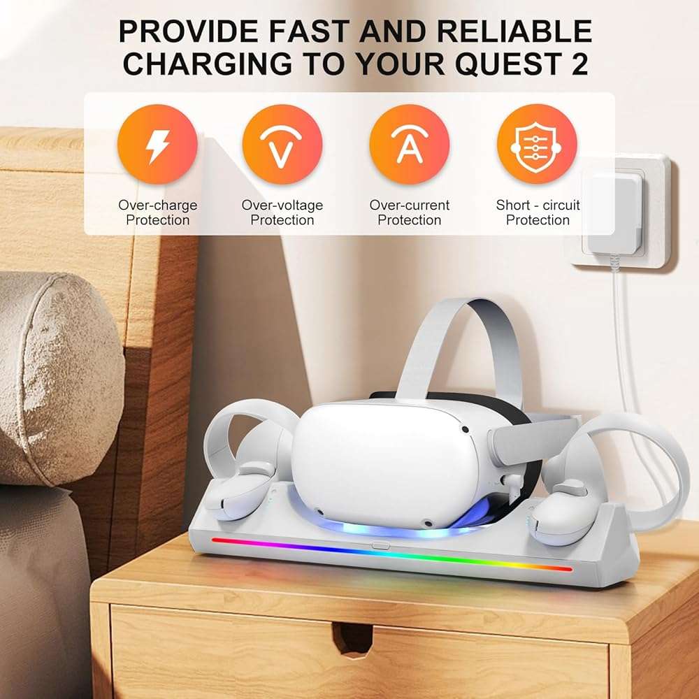 Hurra Charging Dock for Meta Quest 2, VR Charging Station for Oculus Quest 2 Support LED Indicator/Magnetic Charging Headset & Touch Controllers, with 2 Rechargeable Batteries, USB-C Charger & Cable - Image 4