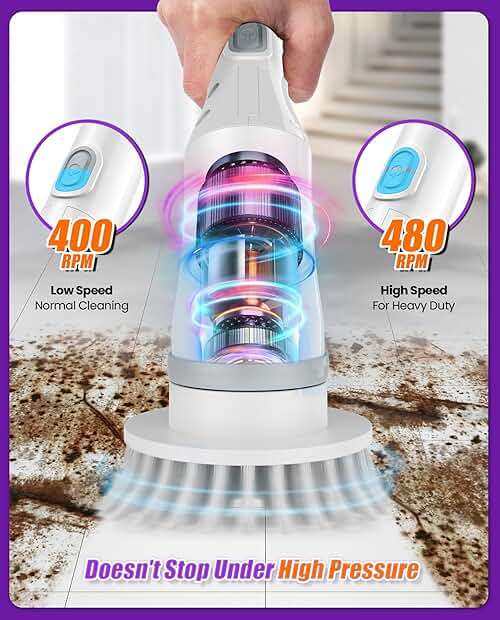 NBONEBS Electric Spin Scrubber, Cordless Shower Scrubber Rotary Floor Brushes & Pad Drivers with 6 Brush Heads - 2H Dual Speed, IPX7 Waterproof Extension Handle for Bathroom Tile Car Cleaning - Image 3