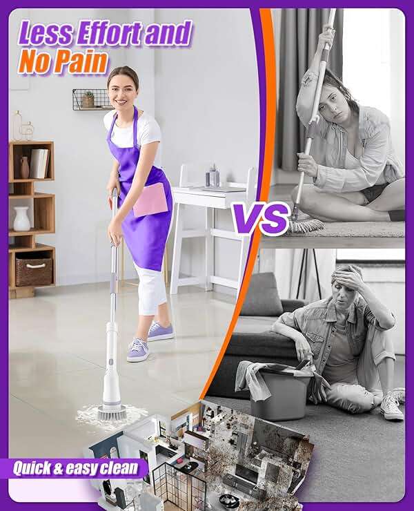 NBONEBS Electric Spin Scrubber, Cordless Shower Scrubber Rotary Floor Brushes & Pad Drivers with 6 Brush Heads - 2H Dual Speed, IPX7 Waterproof Extension Handle for Bathroom Tile Car Cleaning - Image 4