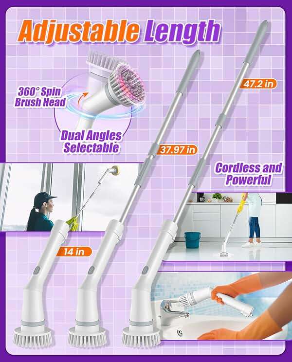 NBONEBS Electric Spin Scrubber, Cordless Shower Scrubber Rotary Floor Brushes & Pad Drivers with 6 Brush Heads - 2H Dual Speed, IPX7 Waterproof Extension Handle for Bathroom Tile Car Cleaning - Image 6